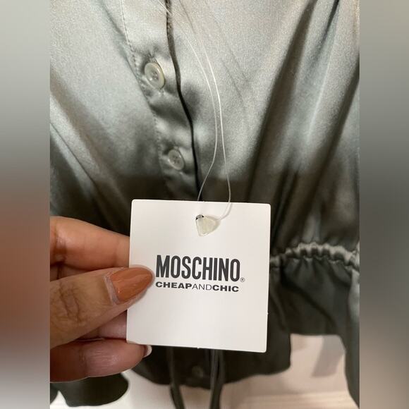 Moschino Cheap and Chic Green Y2K NWT Silk Black Floral Sheer Mesh Sleeve Top 14 - Picture 5 of 7